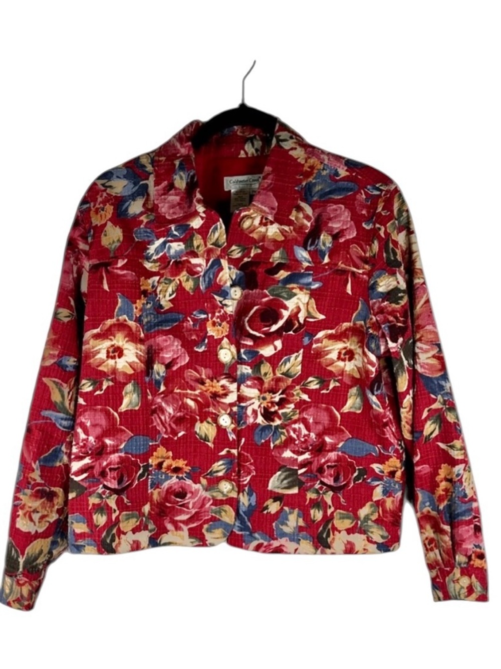 Coldwater Creek Red Floral Cottagecore Classic Fall Button Down Jacket Size M